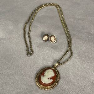 Gold Cameo Necklace and Earring Set
